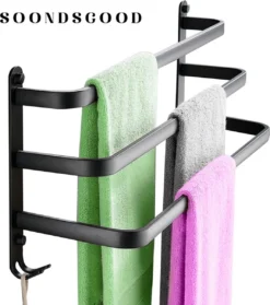 Merkloos Soondsgood Luxe 3 Laags Handdoekrek - Zelfklevend Of Boren - Zwart - Eenvoudige Installatie - Badkamer - Handdoekenrek - Handdoekhouder - 50x14x25cm