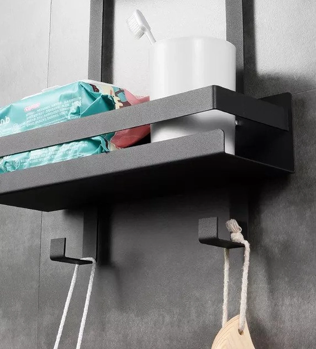 Doucherek Hangend - Ophangbaar Doucherek Matzwart - Twee Lagen - Badkamerrek - Doucherek Zonder Boren - 2 Laags - Badkamer Accessoires - Afbeelding 10