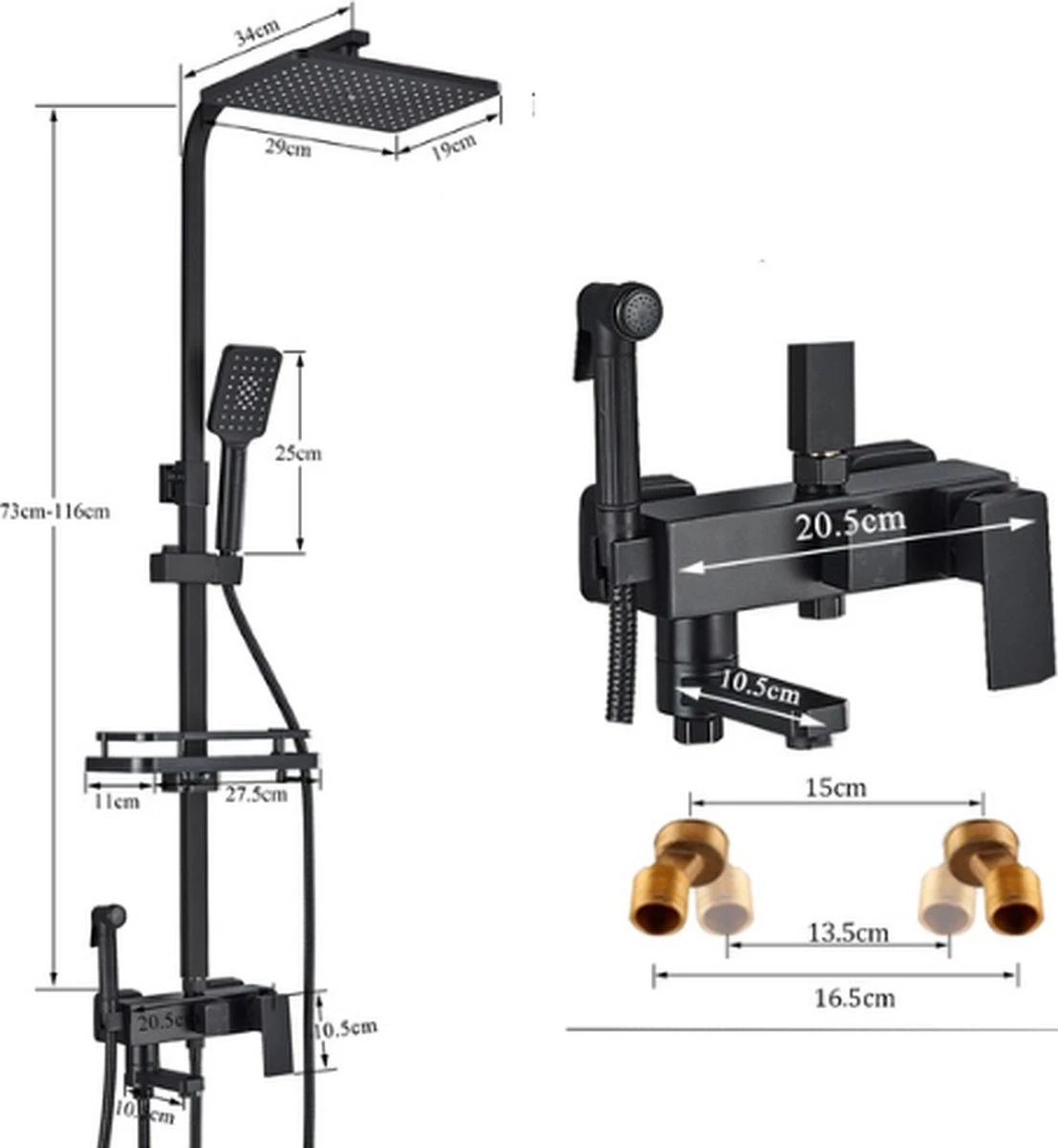 Luxiqo® Compleet Douchesysteem - ABS Doucheset - Hoofddouche & Handdouche- Vierkante Regendouche - Verstelbare Regendouche - Mat Zwart - Afbeelding 2