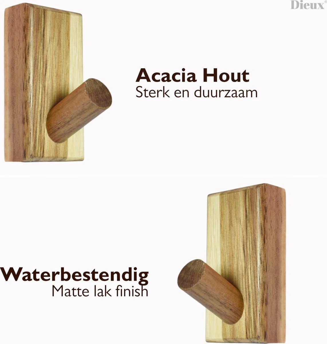 Dieux® - Luxe Handdoekhaakjes Zelfklevend - Handdoekhouder - Wandhaak - Acaciahout Haken - Zelfklevende Haakjes - Handdoeken - Handdoekrek - Badkamer - Keuken - Pasen - Afbeelding 5