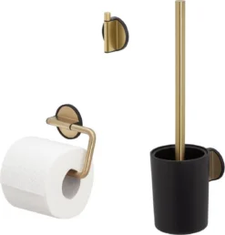 Tiger Tune - Toiletaccessoireset - Toiletborstel Met Houder - Toiletrolhouder Zonder Klep - Handdoekhaak – Messing Geborsteld / Zwart