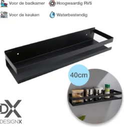 DesignX - Doucherek Zwart Hangend - 40CM Kruidenrek Keukenrek Ophangbaar - Caddy - Planchet - Wandrek Industrieel - Badkamer - Keuken