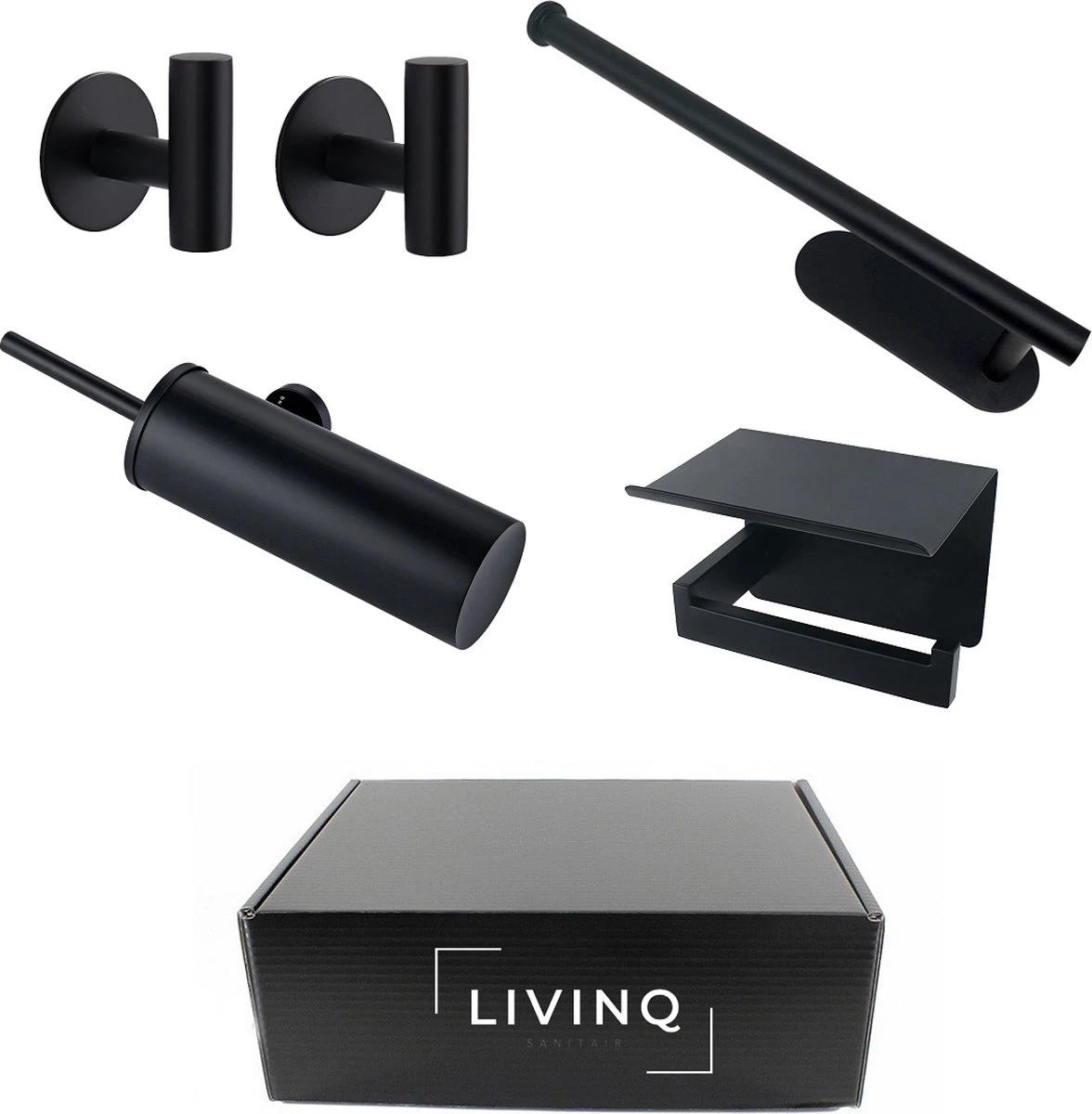 Toiletset Zwart 4-delig - Toiletaccessoireset - Toiletborstelhouder - Toiletrolhouder - Reserverolhouder - Handdoekhaakjes - RVS - Toilet Accessoires Set - Badkamer - Afbeelding 6