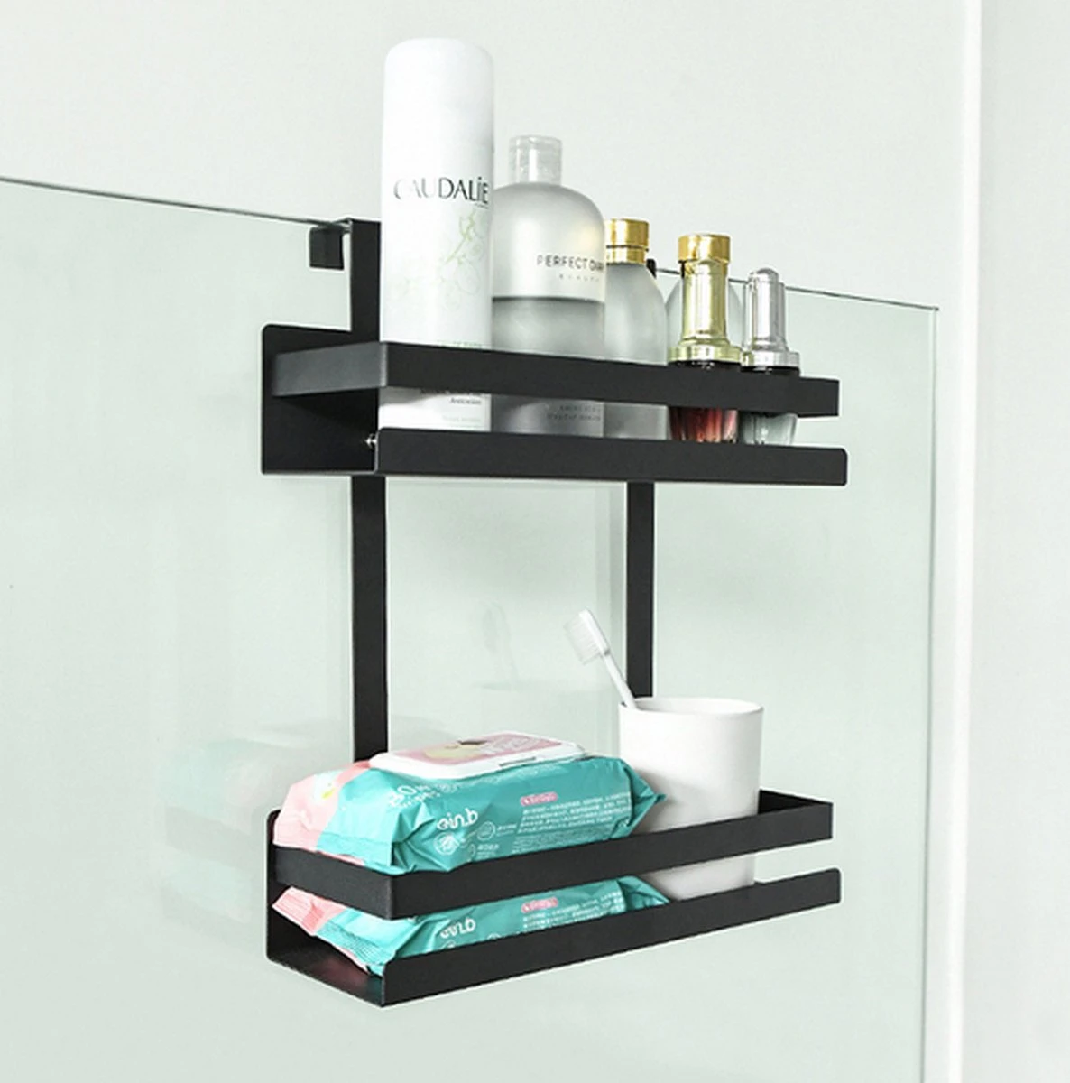 Doucherek Hangend - Ophangbaar Doucherek Matzwart - Twee Lagen - Badkamerrek - Doucherek Zonder Boren - 2 Laags - Badkamer Accessoires - Afbeelding 12