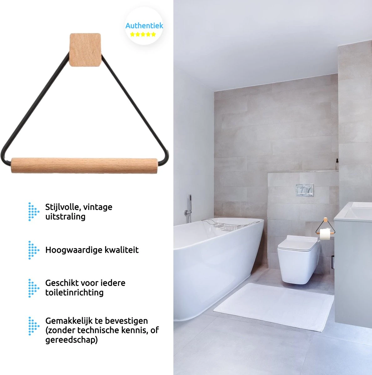 Toiletrolhouder Zonder Boren- Wc Rolhouder - Zuignap - Zelfklevend - Hout - Afbeelding 9