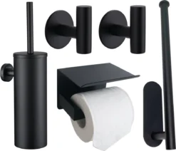 Toiletset Zwart 4-delig - Toiletaccessoireset - Toiletborstelhouder - Toiletrolhouder - Reserverolhouder - Handdoekhaakjes - RVS - Toilet Accessoires Set - Badkamer