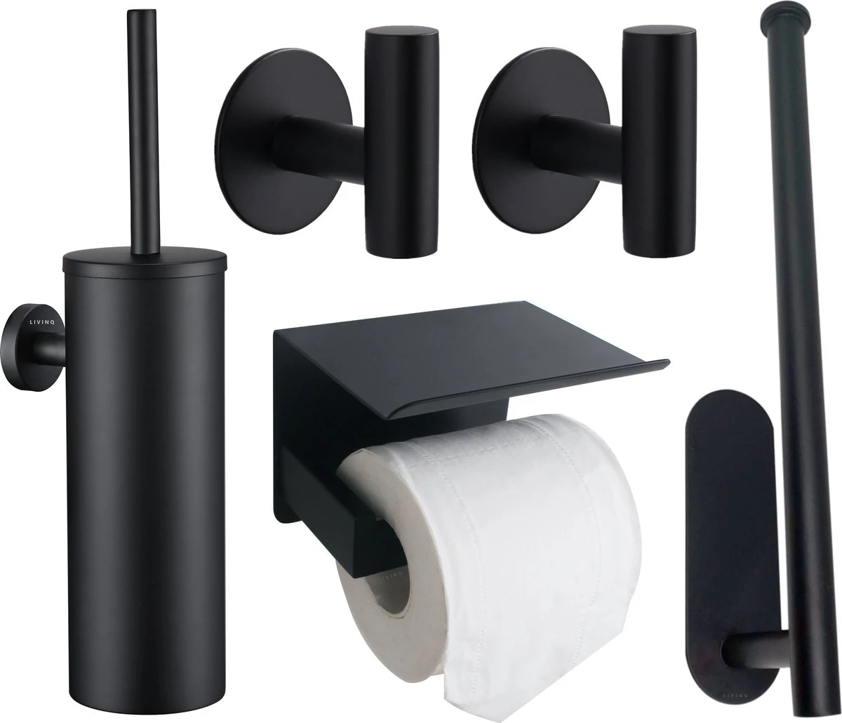 Toiletset Zwart 4-delig - Toiletaccessoireset - Toiletborstelhouder - Toiletrolhouder - Reserverolhouder - Handdoekhaakjes - RVS - Toilet Accessoires Set - Badkamer