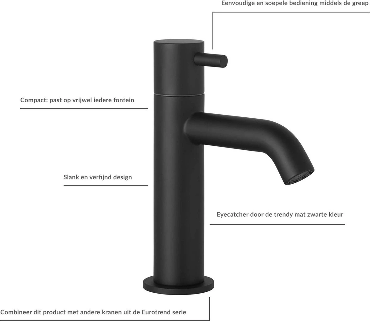 Merkloos Saqu Eurotrend Fonteinkraan - Hoog Model - Toiletkraan - Koudwaterkraan - Mat Zwart - Afbeelding 7