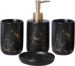 Badkamer Accessoires Set – Tandenborstelhouder –Zeeppompje Zeepbakje – Keramiek Met Marmer Design – Zwart