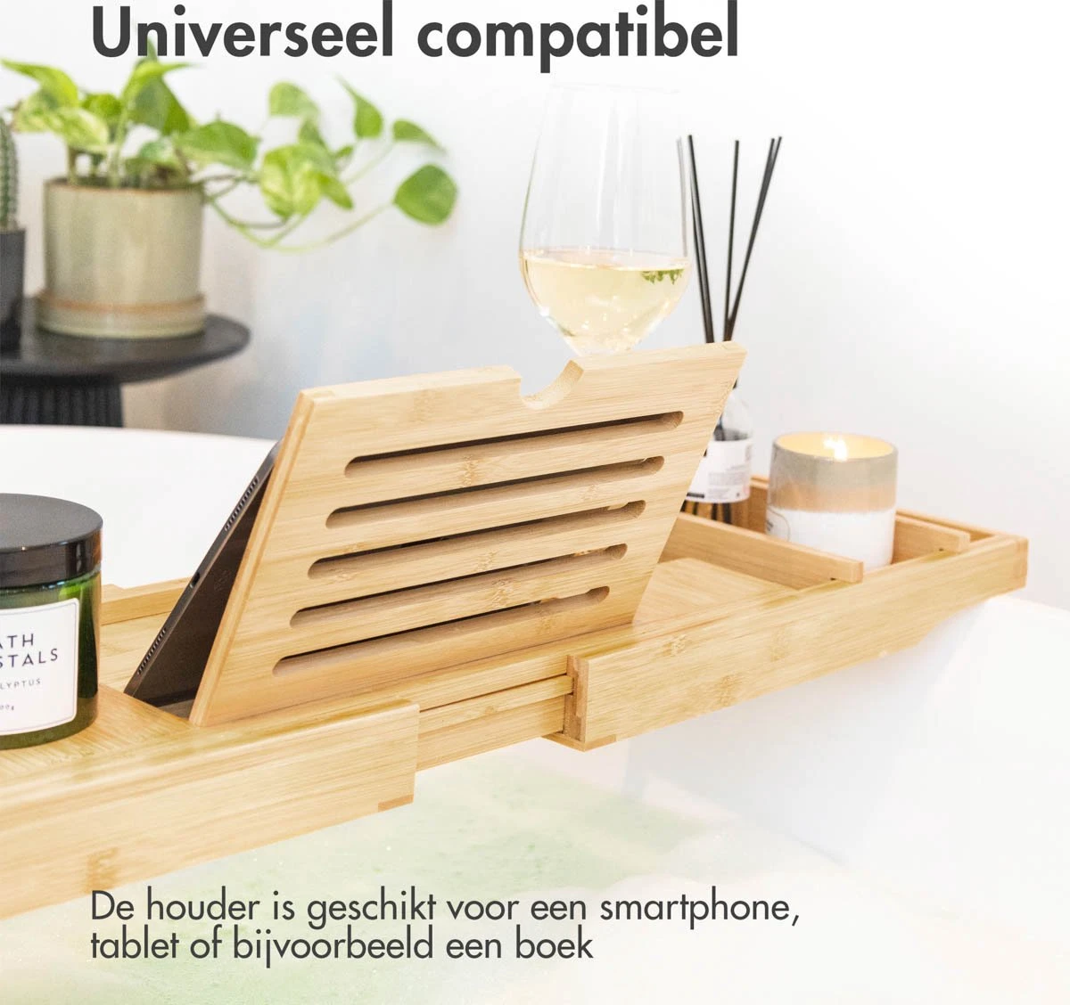 IMoshion Badplank Voor In Bad - Dienblad Inclusief Pootjes - Tablet Houder - Badrek Uitschuifbaar 75 Tot 110 Cm - Lichtbruin - Afbeelding 2