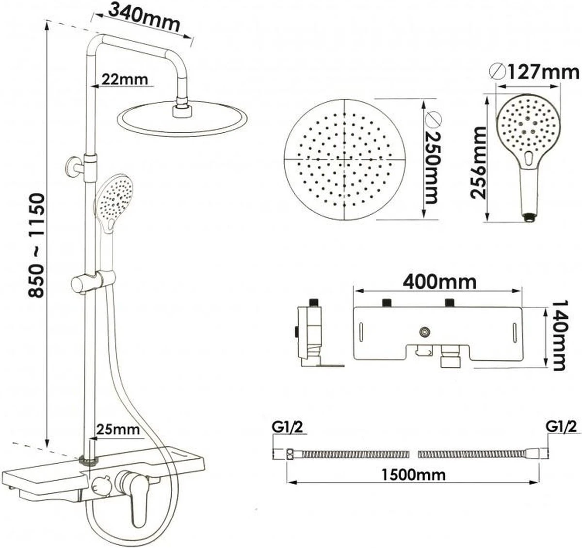 Doucheset - Met Douchemengkraan - En Regendouche - Zwart - Afbeelding 4