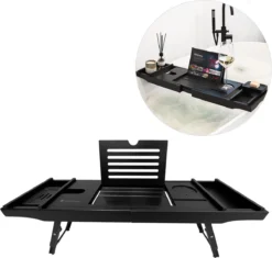 IMoshion Badplank Voor In Bad - Dienblad Inclusief Pootjes - Tablet Houder - Badrek Uitschuifbaar 75 Tot 110 Cm - Zwart
