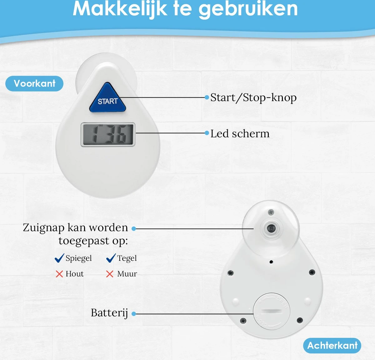 Douchetimer - Douchewekker - Showertimer - Douche Klok - Douchecoach - Met Zuignap - Waterbesparend - Digitaal - 5 Minuten - Afbeelding 7