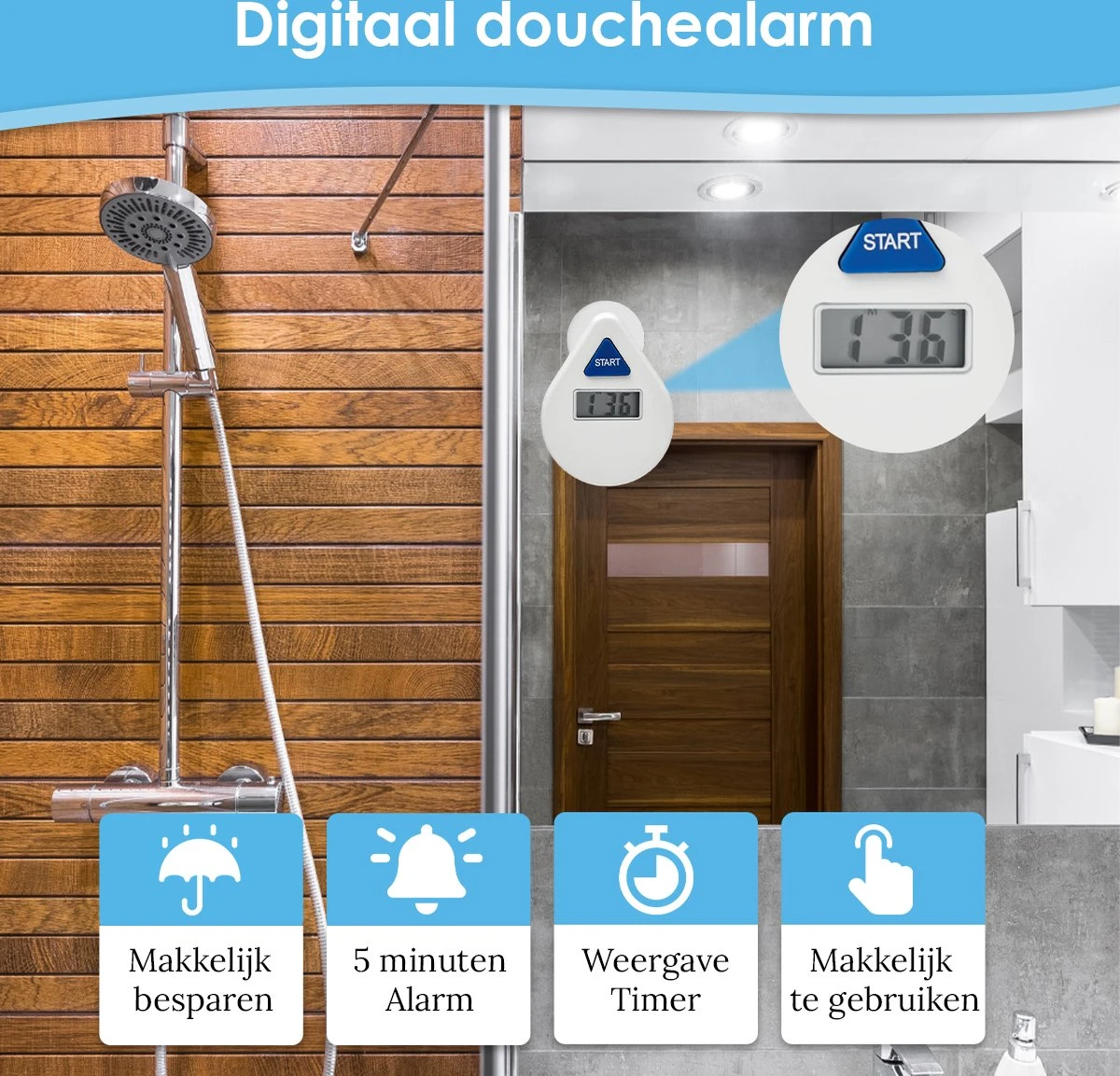 Douchetimer - Douchewekker - Showertimer - Douche Klok - Douchecoach - Met Zuignap - Waterbesparend - Digitaal - 5 Minuten - Afbeelding 6