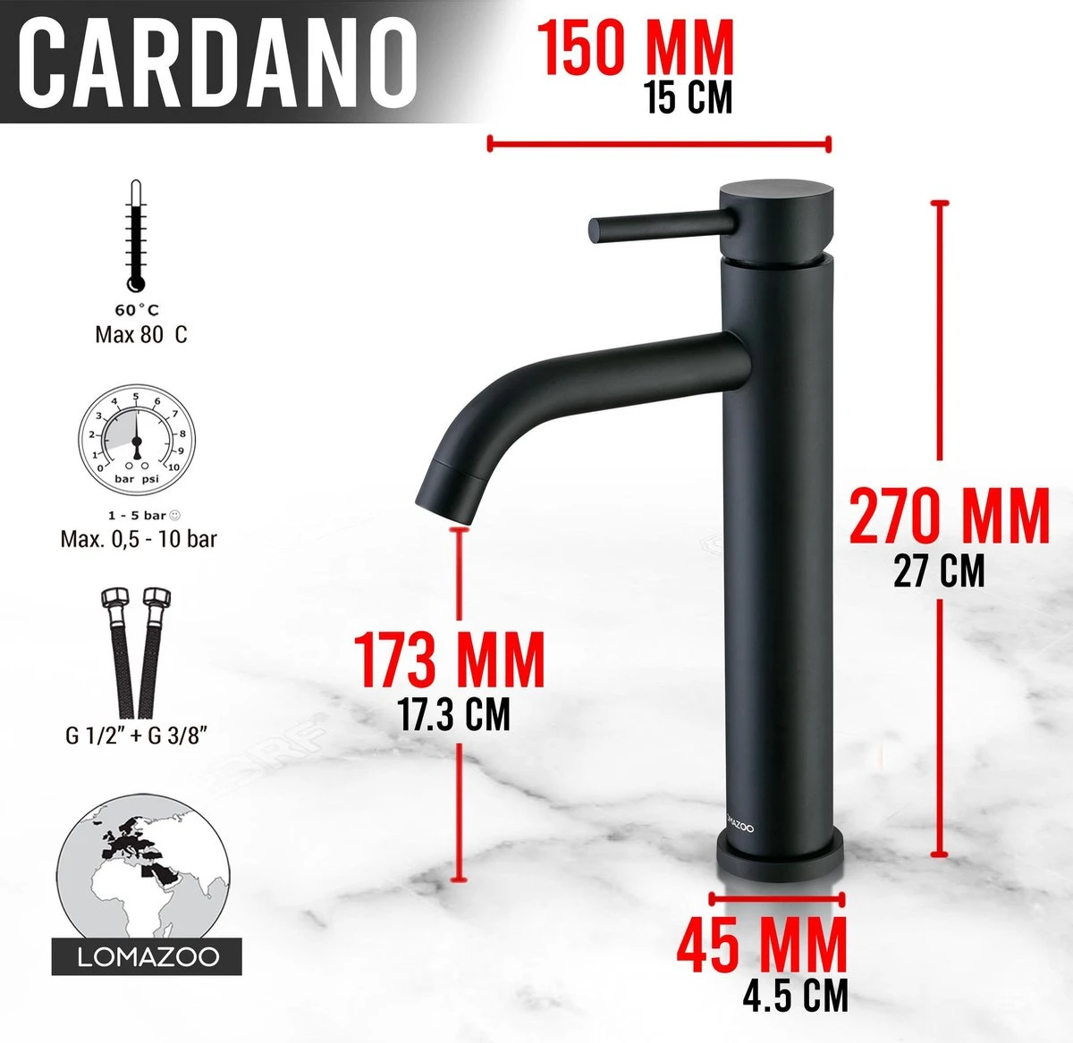 LOMAZOO Wastafelkraan Zwart Cardano - Zwarte Kraan - Badkamerkraan - Wastafel Mengkraan - Hoog - Afbeelding 8