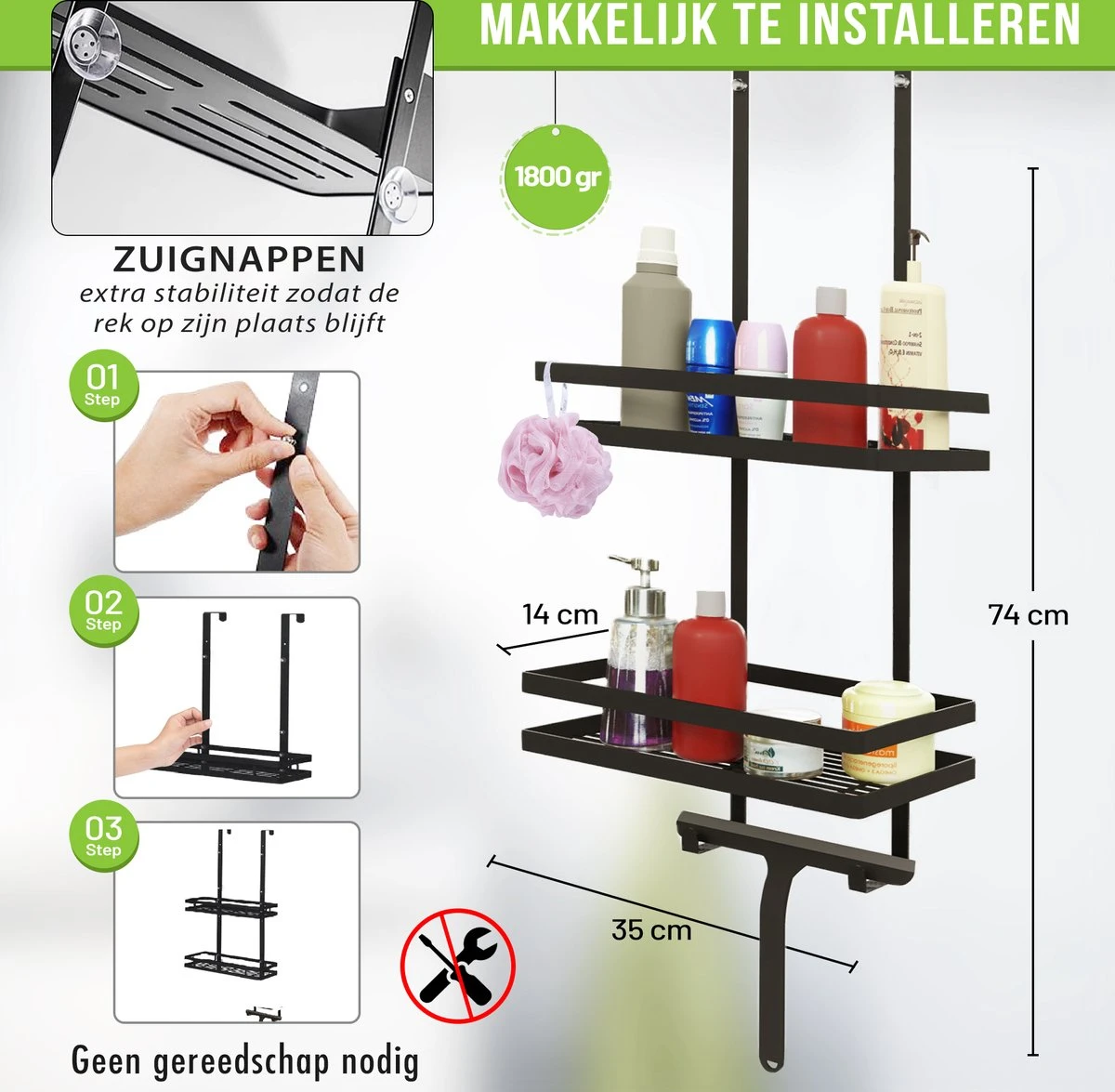 Doucherek Zonder Boren Inclusief Douchewisser - Aan Douchewand - Zwart - Ophangbaar - Zuignap - 2 Laags - Wiper - Shower Rack - Valentijnsdag Cadeau - Afbeelding 5