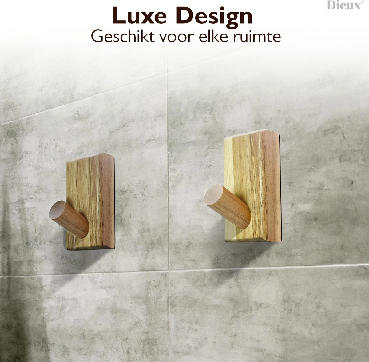 Dieux® - Luxe Handdoekhaakjes Zelfklevend - Handdoekhouder - Wandhaak - Acaciahout Haken - Zelfklevende Haakjes - Handdoeken - Handdoekrek - Badkamer - Keuken - Pasen - Afbeelding 2