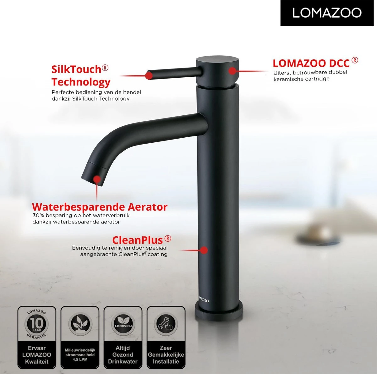 LOMAZOO Wastafelkraan Zwart Cardano - Zwarte Kraan - Badkamerkraan - Wastafel Mengkraan - Hoog - Afbeelding 2