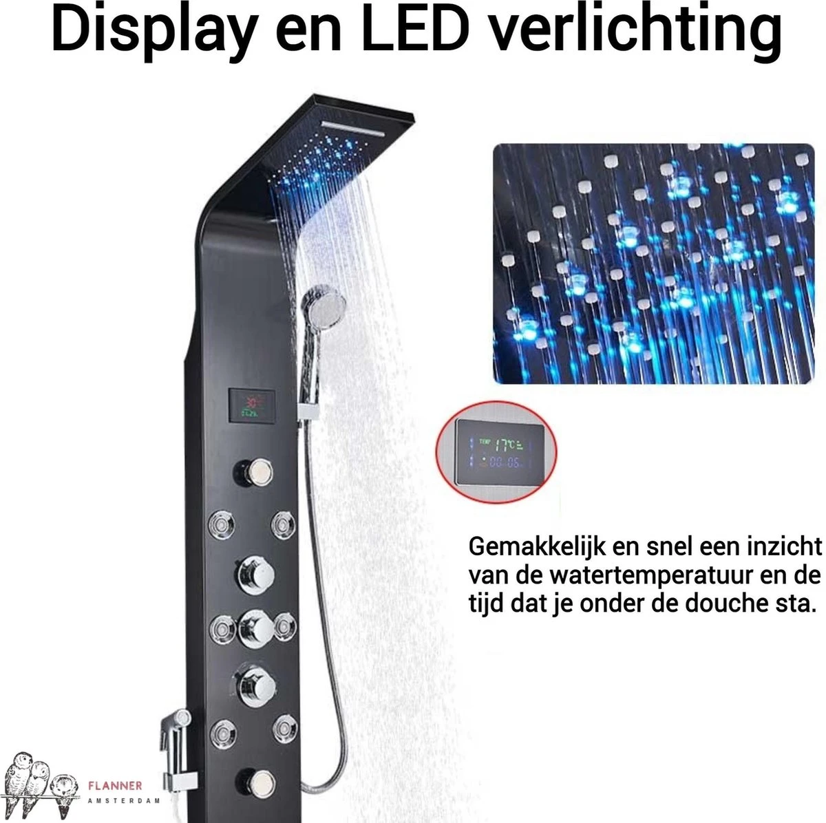 Douchepaneel Met Massage - Regendouche - Massage Jets - Waterval Douche - Met Thermostaatkraan En Handdouche - Zwart - Opbouw - Douchekop - Flanner® - Afbeelding 6