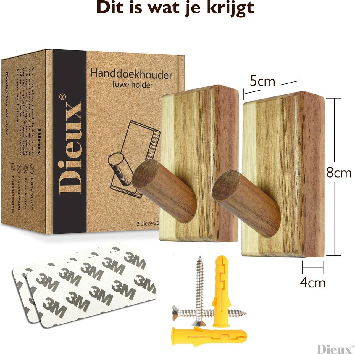 Dieux® - Luxe Handdoekhaakjes Zelfklevend - Handdoekhouder - Wandhaak - Acaciahout Haken - Zelfklevende Haakjes - Handdoeken - Handdoekrek - Badkamer - Keuken - Pasen - Afbeelding 7
