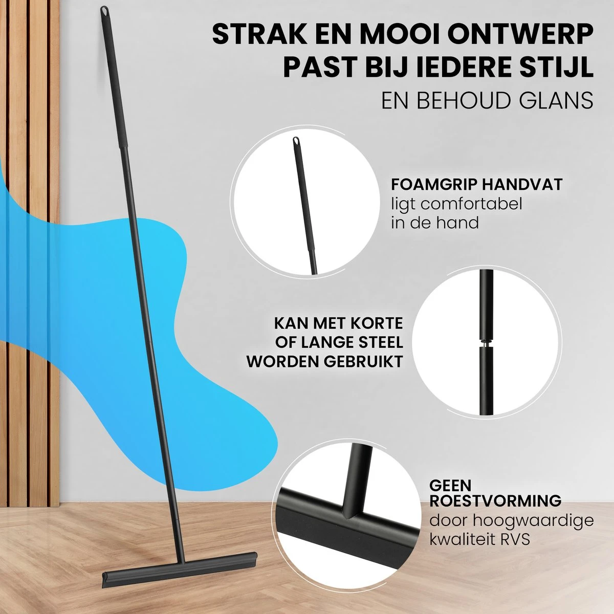 Vloertrekker Met Steel - Vloerwisser Voor In Badkamer - Watertrekker Douche - Douchewisser Zwart - Afbeelding 8