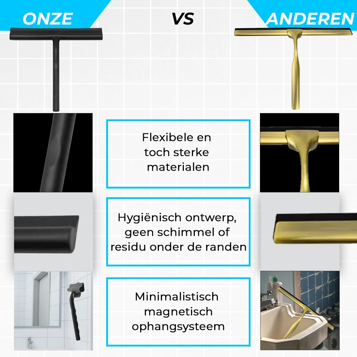 Minismus Extra Brede Douchewisser Met Magneethouder Ophangsysteem Ophanghaak - 33 Cm Breed - Zwart - Afbeelding 5