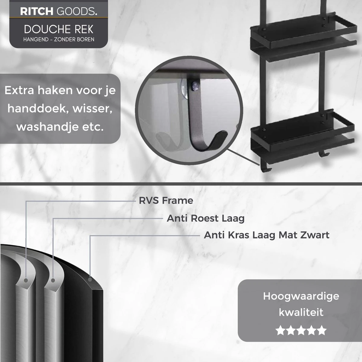 Merkloos Doucherek - Doucherek Zonder Boren - Doucherek Hangend - Zwart - RVS - Doucherekje - Badkamerrek - GRATIS DOUCHETIMER - Afbeelding 2