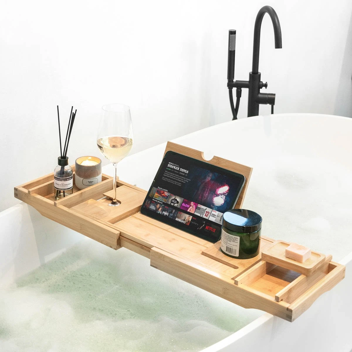 IMoshion Badplank Voor In Bad - Dienblad Inclusief Pootjes - Tablet Houder - Badrek Uitschuifbaar 75 Tot 110 Cm - Lichtbruin - Afbeelding 7