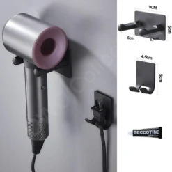 OWO - Muurbeugel Houder RVS Met Stekker Houder Geschikt Voor Dyson Supersonic Haardroger HD01 Föhn - Zwart