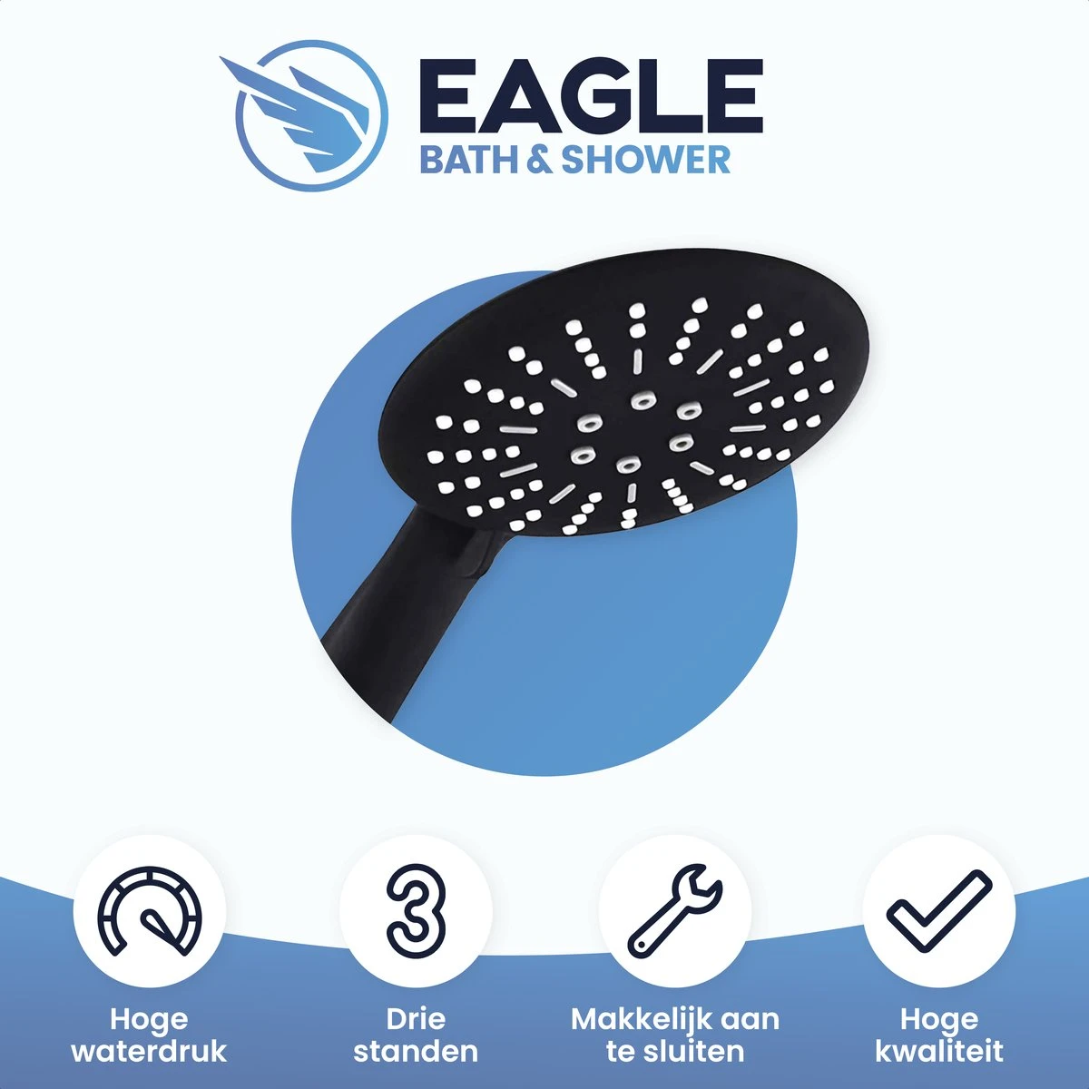 Eagle Bath & Shower - Douchekop Met Slang – Mat Zwart - 3 Functies – Handdouche – Hoofddouche - Afbeelding 2