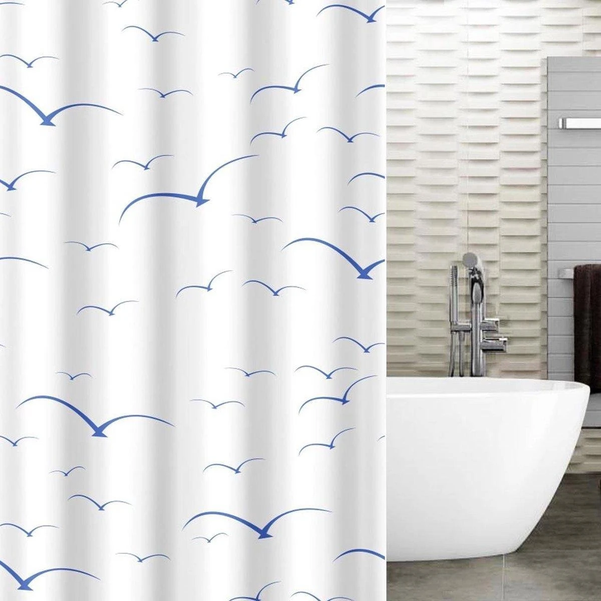 Tatkraft Seagulls - Luxe Waterdicht Douchegordijn - Met GRATIS 12 Ringen - Anti-Schimmel Badkamer Douche Gordijn - Sneldrogend & Anti Schimmel - Wasbaar & Duurzaam Shower Curtain - 100% Polyester - Meeuwen Design - 180X180 CM