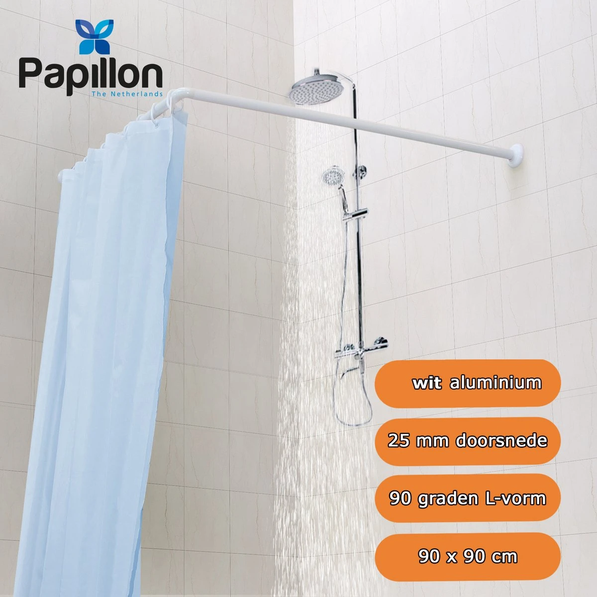 Papillon Douchegordijnstang - 90x90 Cm - Aluminium - Wit - Afbeelding 2