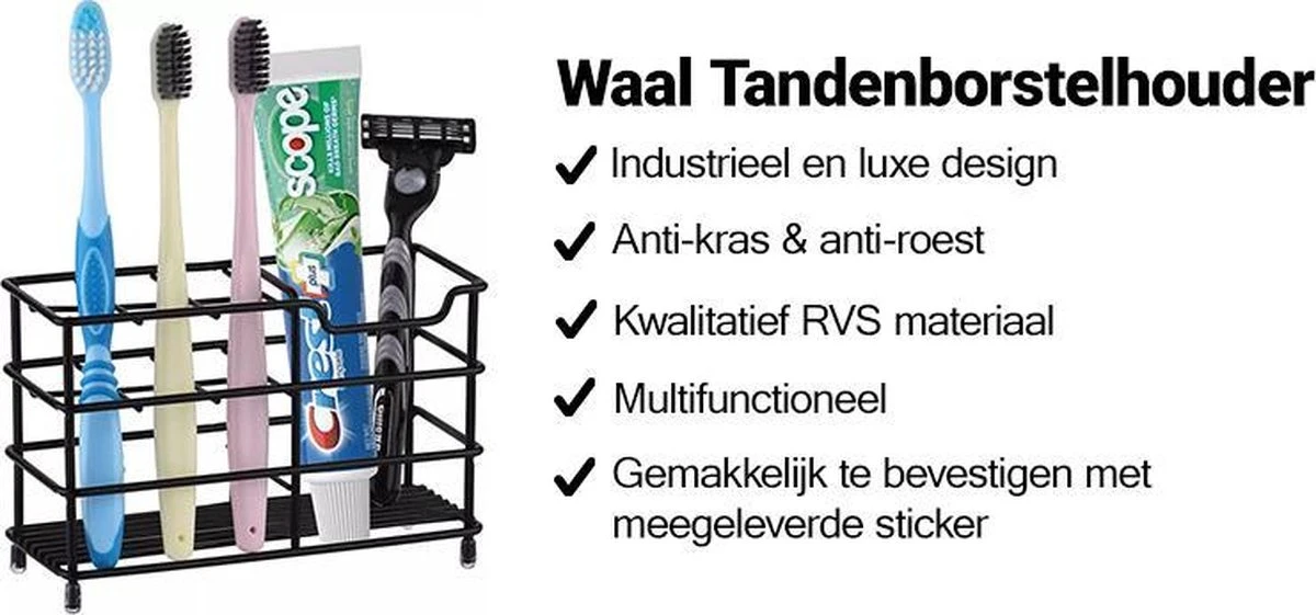 Merkloos Waal - Tandenborstelhouder - Tandenborstel Doosje - Tandenborstel Koker - Industrieel - Zwart - RVS - Afbeelding 3