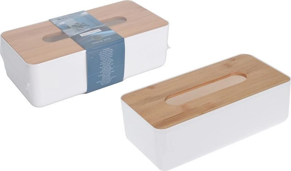 Merkloos Tissuedoos/tissuebox Rechthoekig Van Kunststof Met Bovenkant Van Bamboe Hout 26 X 13 Cm Wit - Afbeelding 3