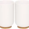 Merkloos 2x Witte Badkamer/keuken Bekers Met Bamboe 11 Cm- 300 Ml - Badkameraccessoires - Drinkbeker
