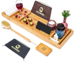 Ecowize Luxe Bamboe Badplank Voor In Bad Met Tablethouder - 100% Natuurlijk Bamboe Badrek Met Boekenhouder - Bad Plank Hout Met Nonslip Grips - Badrekje Voor Bad - Badplankje Uitschuifbaar (75cm Tot 110cm) Met Extra Zeepbakje En Body Brush