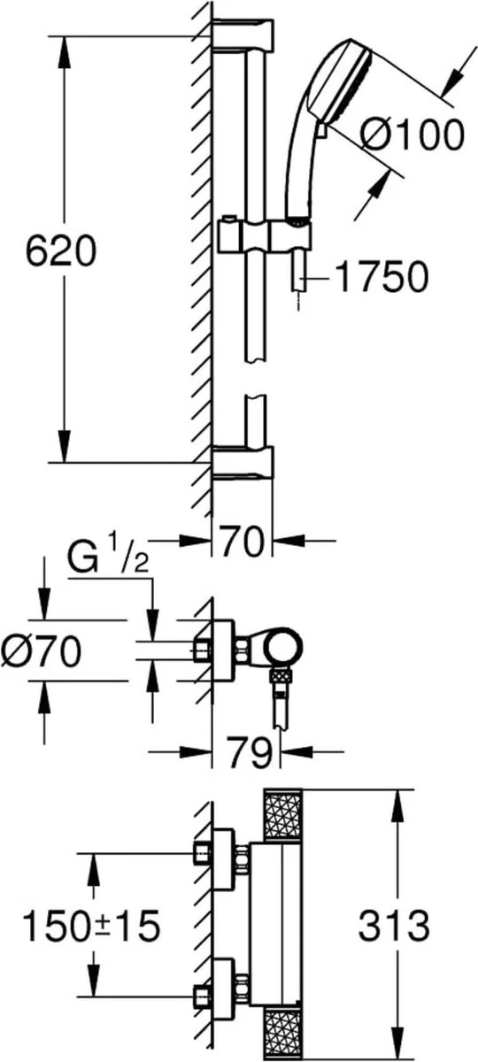 GROHE Grohtherm-1000 Performance Renovatieset - Met Thermostaatkraan, Koppelingen, Glijstang En Hoofddouche - CoolTouch - Chroom - Afbeelding 7