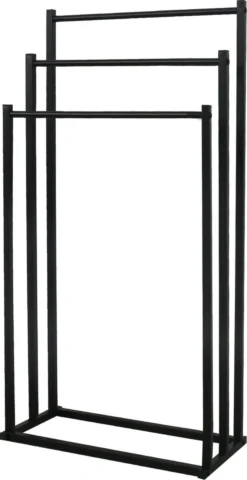 MIRI Handdoekrek – Handdoekhouder – Vrijstaand – Zwart – Staand – Metaal – 3 Rails – Zonder Boren – Badkamer / Keuken