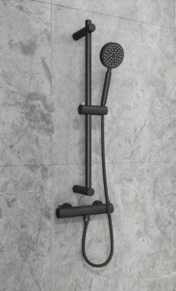 Wesseling & Bos Eva Doucheset – Douchemengkraan Met Thermostaat-glijstang 60 Cm - Mat Zwart - Compleet Met Alle Montagemateriaal