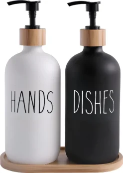 MAESON Glazen Zeepdispener Set Voor Handzeep En Afwasmiddel – Zeeppompje Keuken – Keukenaccesoires - Zwart/Wit