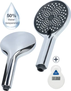 MaatWorkz - Waterbesparende Douchekop + Douchetimer - Handdouche - Hoge Druk - Luxe Design - Regendouche - ø 13 CM - 3 Standen - Chrome